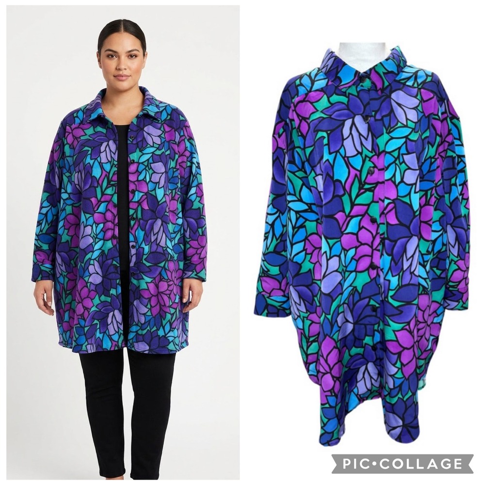 A Personal Touch Vintage 5X Purple Teal Floral Tunic Shirt Shacket Stained Glass